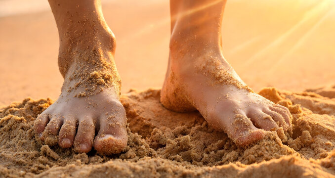 Bare feet covered in coarse golden sand standing on summer beach during warm radiant sunset golden hour