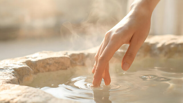 Gentle hand touching steaming mineral water in natural stone onsen thermal bath with soft ripples in morning