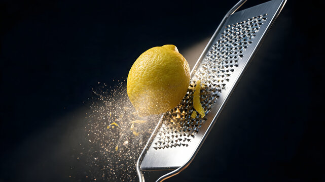 Dynamic shot of fresh yellow lemon grated on stainless steel zester with fragrant zest particles bursting