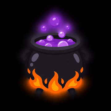 Cute magic cauldron with boiling purple potion and fire for Halloween