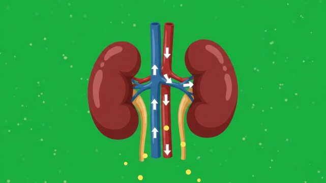 Kidneys anatomy vector graphic showing blood circulation and filtration pathways on a green background.