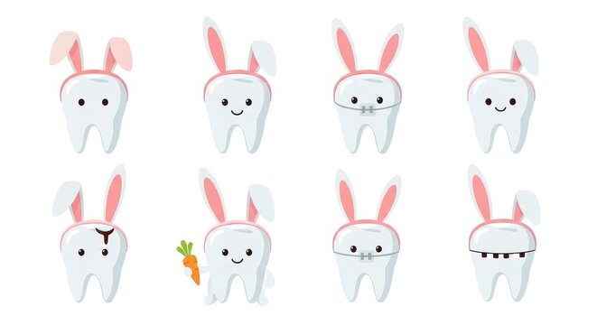 Cute cartoon teeth with bunny ears and carrot illustration.