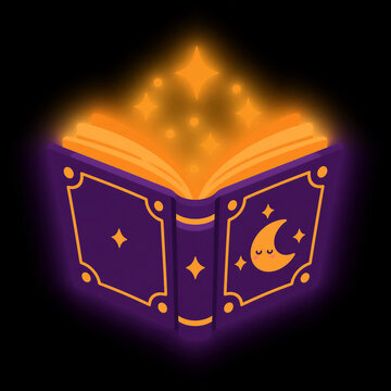 Cute magic spell book open with glowing orange light for Halloween