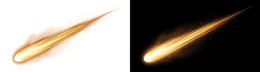 Fiery meteor comet with glowing golden trail and sparks flying through space looks perfect for design projects in PNG, Transparent and Black Background Versions © Nyxthrasza