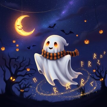 Cute Ghost with Scarf Floating in Halloween Night Scene.