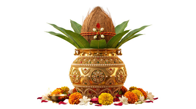 Traditional kalash with coconut and mango leaves isolated on transparent background