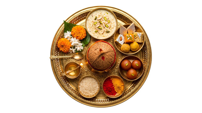 Traditional indian puja thali with sweets and coconut isolated on transparent background