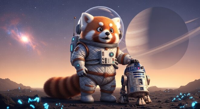 Cute Red Panda Astronaut and Robot on Alien Planet.