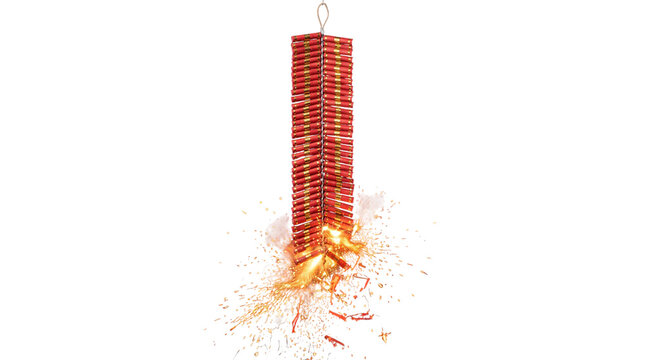 String of red firecrackers exploding isolated on transparent background