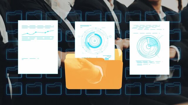Business Professionals Reviewing Documents with Digital Folder Interface and Organized Paperwork for Efficient Workflow and Collaboration. Entropy.