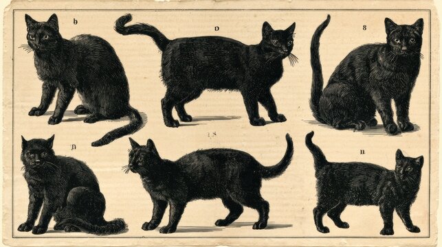 This artwork showcases cat studies in various poses, depicted accurately on antique paper, aiding taxonomic and artistic research.