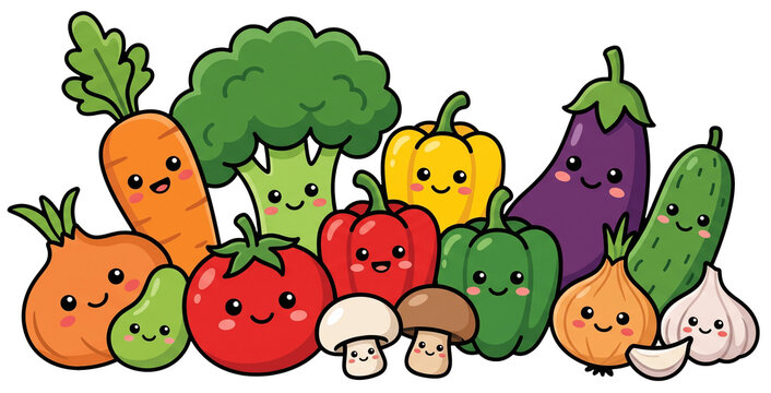 ute kawaii vegetable characters group vector illustration Adorable organic farming vegetables bundle for kids sticker and graphic element