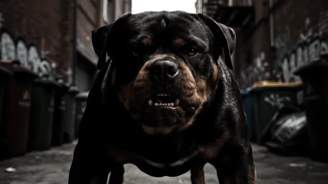 Rottweilers in the alley, vicious dogs growling