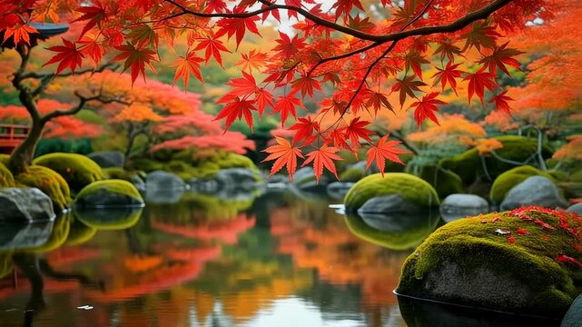 Serene Japanese Garden with Autumn Maples and Pond 4K Generative AI