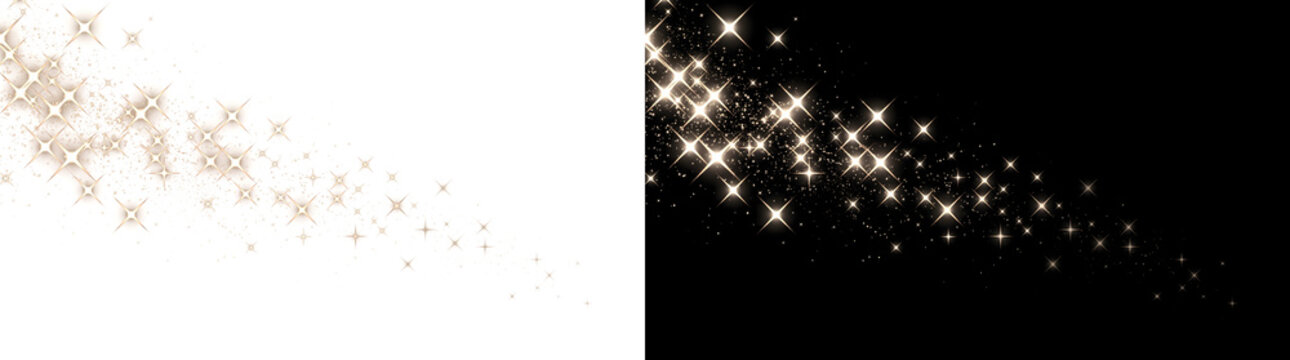 Golden sparkle stars trailing across corner with glittering magic dust looks perfect for design projects in PNG, Transparent and Black Background Versions
