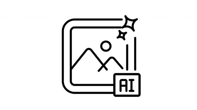 Animated black line icon mountain sun sparkle shape digital art artificial intelligence symbol.