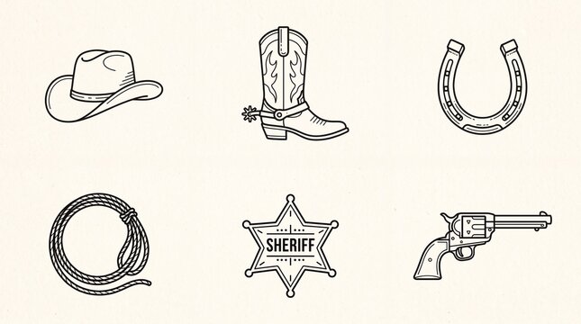 Vintage wild west line art icons, set of 6 western cowboy elements, sheriff badge and cowboy boot illustrations, rustic ranch lifestyle graphics