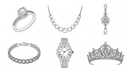 Elegant jewelry line art collection, set of 6 luxury fashion accessories, diamond ring and pearl necklace icons, bridal tiara and wristwatch sketches © BestDigitalCreator