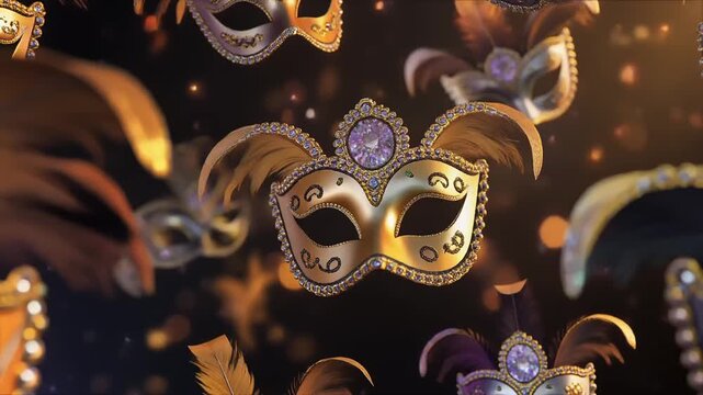 Elegant Venetian Masquerade Masks with Feathers and Gems 4K Generative AI