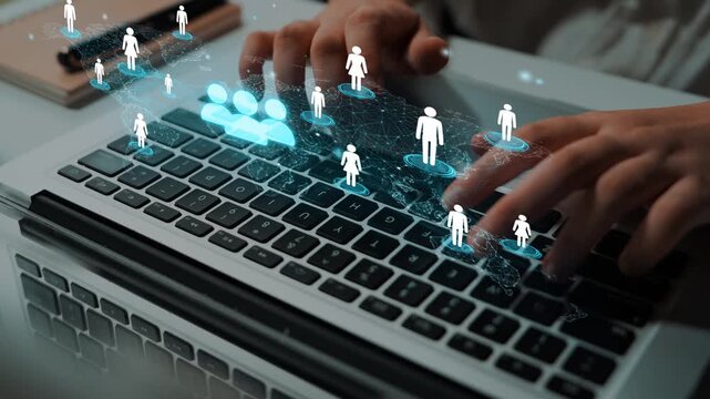 Creating Digital Connections through Technology with Hands on Laptop Keyboard and Virtual Network Icons Representing Human Interaction and Communication. Entropy.