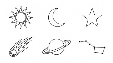 Minimalist celestial line icons set, black and white space symbols collection, simple astronomical illustrations of sun moon and planets © BestDigitalCreator