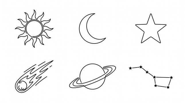 Minimalist celestial line icons set, black and white space symbols collection, simple astronomical illustrations of sun moon and planets