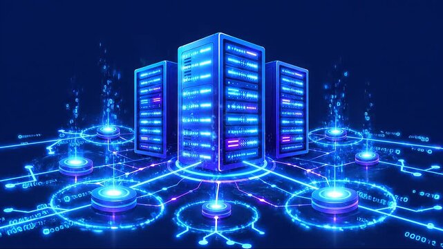 Modern flat vector animation of blinking data server racks with pulsing digital light streams 