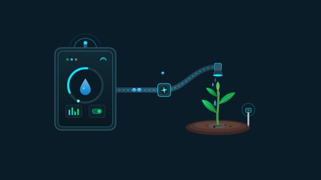 Smart agriculture animation, futuristic IoT farming device watering a green plant, digital agritech concept video
