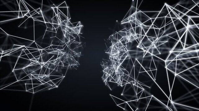 Abstract network of glowing white lines and nodes forming two faces in a dark digital space