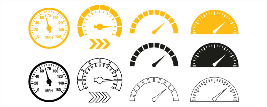 Collection of vintage speedometers and gauges in various styles and colors