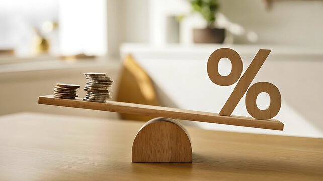 Financial balance concept with coins and percentage symbol on a wooden scale