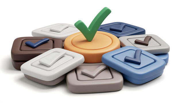 3D render of a central orange button with a green checkmark surrounded by colorful tiles.