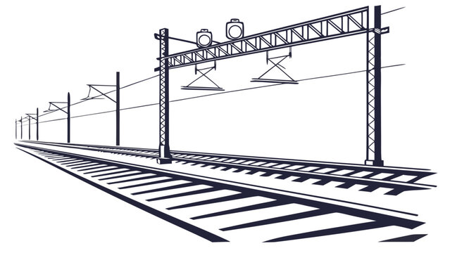 Black and white vector illustration of railway overhead contact lines and tracks in perspective with train tracks