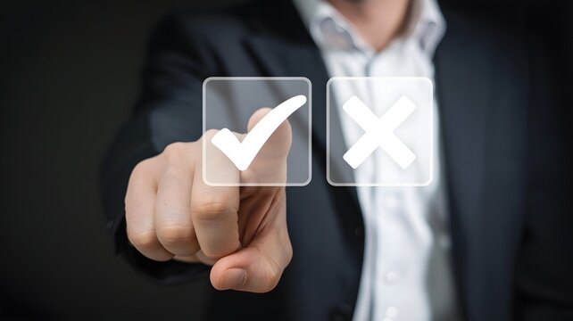 Hand selecting a luminous checkmark icon, representing approval and a positive decision on a digital interface