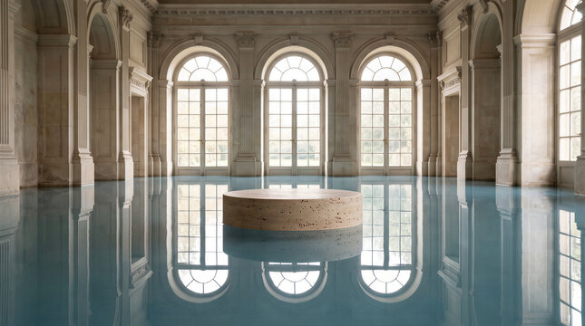 Minimalist stone podium in a luxurious flooded hall