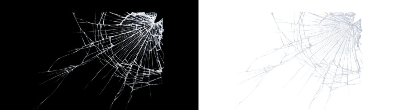 Shattered broken glass crack texture with spider web fracture pattern looks perfect for design projects in PNG, Transparent and Black Background Versions