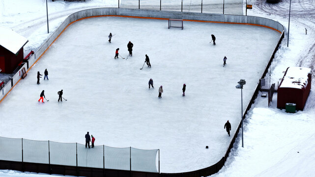 Aerial view of people playing ice hockey on an outdoor rink surrounded by snow in Latvija.