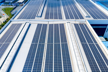 Large scale solar panel array installed on factory roof for clean energy generation © zhangyang135769
