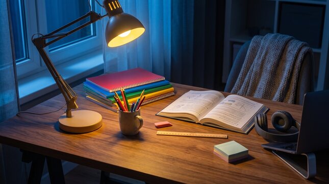 Inviting late-night study setup with a bright desk lamp casting a warm glow on neatly organized books, writing tools, and an open notebook, perfect for productive work or thoughtful reading