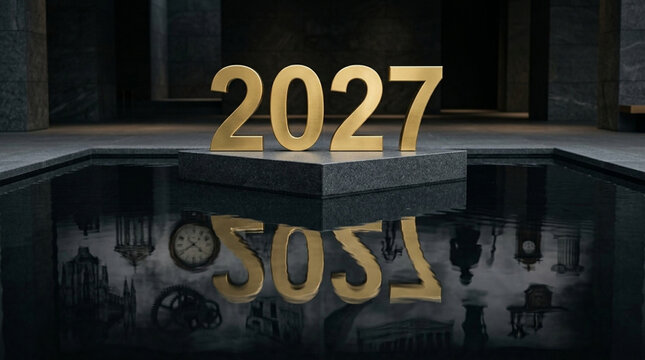 Elegant 2027 Golden Text with Clock Reflection