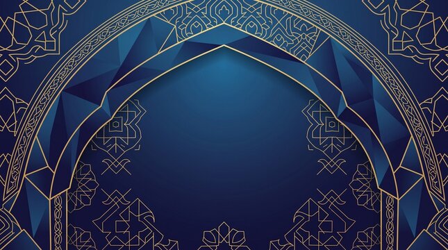 Luxury Islamic background featuring a blue low poly arch frame with intricate golden geometric patterns and arabesque line art, for Ramadan, Eid, or Arabic corporate business flyers.