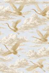 Obraz premium Elegant beige cranes flying through soft clouds on a pastel sky backdrop