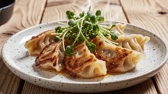 Pan-seared Japanese gyoza or Chinese potstickers with crispy golden crusts arranged on a speckled white plate topped with fresh green sprouts on a rustic wooden tabletop surface.