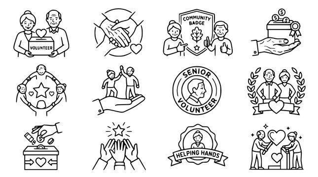 Community Volunteer Icons: Helping Hands, Donations, Seniors, Charity