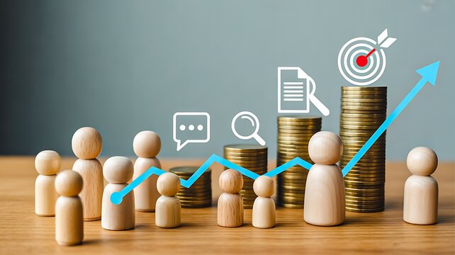 Business growth concept with wooden figures charts coins and upward arrow