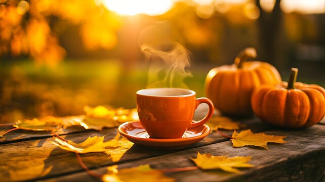 Warm coffee with pumpkins and autumn leaves in a golden outdoor setting