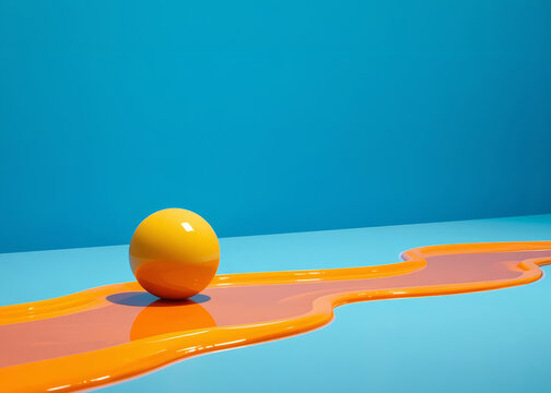 Yellow Sphere on Glossy Orange Liquid River with Blue Background, Abstract 3D Render Graphic Design