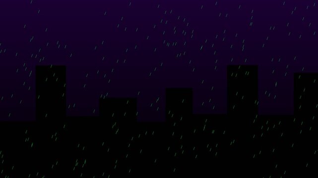 Minimalist pixel art cityscape silhouette at night featuring gentle falling rain in a dark purple atmospheric background scene