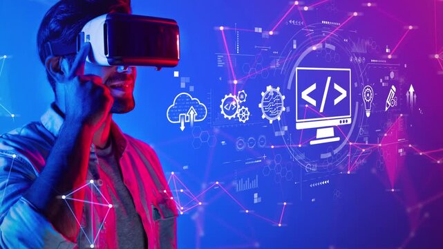 A modern man engages with a virtual reality headset, surrounded by digital elements illustrating programming and data analysis. This image reflects innovation in technology. Raster