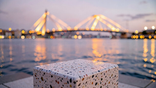 Terrazzo Tabletop With Embedded Marble Flecks on Chic Rooftop Lounge with Ambient Warm Uplighting Lu